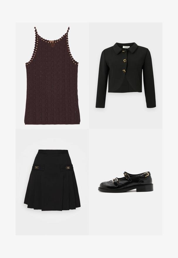 Must must jacket ümmarguste kaelustega, nelja ruudukujulise nupuga kuldsete aksentidega ja pikkade varrukatega, valmistatud siledast kangast.; Kootud tumepunane topp, millel on teemantmuster, lainelised ääred ja heledad puidust helmestega aktsendid rihmadel.; Must mustriga seelik kuldsete detailidega. Omab küljetaskuid logodetailidega, valmistatud siledast materjalist. A-laineline siluett.; Mustal nahast kingad brogue-tekstiiliga, millel on kaks pandla rihma, ümar varvas ja madal konts. Sujuv tekstuur ja läikiv viimistlus.