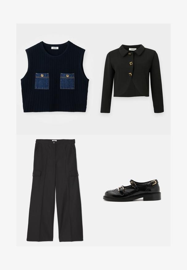 Juodas trumpas švarkas su apvaliu apykakle, keturiais kvadratiniais mygtukais su auksiniais akcentais ir ilgomis rankovėmis, pagamintas iš lygaus audinio.; Jūrinės dažytos be rankovių marškiniai su dviem džinsiniais kišenėmis, puoštais auksinėmis mygtukais. Apvalus iškirpimas ir trumpas dizainas.; Juodos plačios kelnės, pagamintos iš sklandžios, tvirtos medžiagos. Yra priekinės kišenės ir dvi krovininės kišenės su mygtukų uždarymais.; Juodi odiniai batai su brogučių detalėmis, turintys dvi sagtis, apvalų nosį ir žemą kulną. Lygus paviršius su blizgiu finišu.