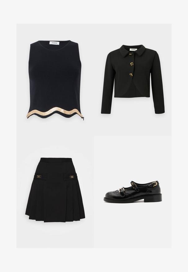 Jachetă croppată neagră cu guler rotund, patru nasturi pătrați cu accente aurii și mâneci lungi, realizată dintr-un material neted.; Top negru fără mâneci cu un finisaj texturat, având un tiv cu margini ondulate împodobit cu paiete aurii și un fermoar discret pe lateral.; Fustă plisată neagră cu accente din metal aurit. Prezintă buzunare laterale cu detalii ale logo-ului, realizată dintr-un material neted. Siluetă în formă de A.; Pantofi din piele neagră cu detalii brogue, având două curele cu cataramă, vârf rotund și toc jos. Textură netedă cu finisaj lucios.