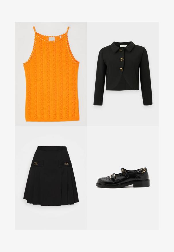 Must must jacket ümmarguste kaelustega, nelja ruudukujulise nupuga kuldsete aksentidega ja pikkade varrukatega, valmistatud siledast kangast.; Heledoranž pruugitud tank top, millel on teemantikujuline muster ja väikesed pom-pomid kaelaserva ning rihmade ääres.; Must mustriga seelik kuldsete detailidega. Omab küljetaskuid logodetailidega, valmistatud siledast materjalist. A-laineline siluett.; Mustal nahast kingad brogue-tekstiiliga, millel on kaks pandla rihma, ümar varvas ja madal konts. Sujuv tekstuur ja läikiv viimistlus.