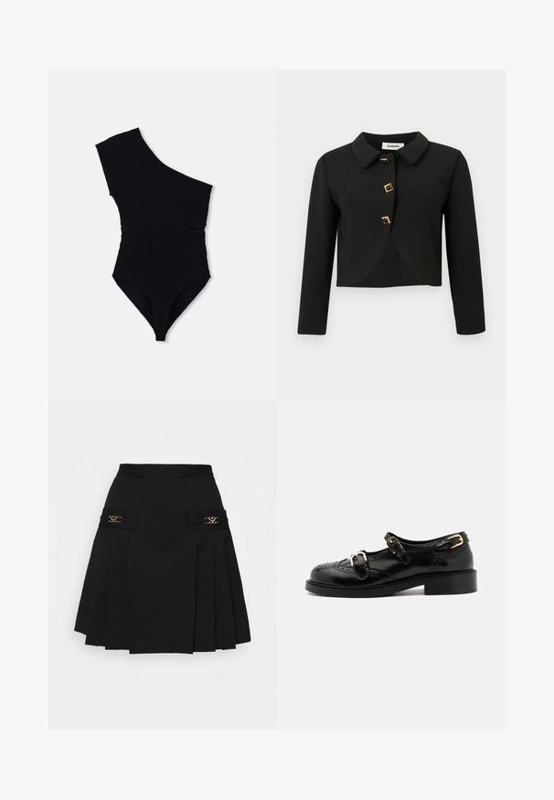 Black cropped jacket with a rounded collar, four square buttons with gold accents, and long sleeves, made from a smooth fabric.; Black one-piece swimsuit with a one-shoulder design, textured ribbed fabric, high-cut legs, and a fitted silhouette.; Black pleated skirt with gold hardware accents. Features side pockets with logo detailing, made from smooth material. A-line silhouette.; Black leather shoes with brogue detailing, featuring two buckle straps, a rounded toe, and a low heel. Smooth texture with shiny finish.