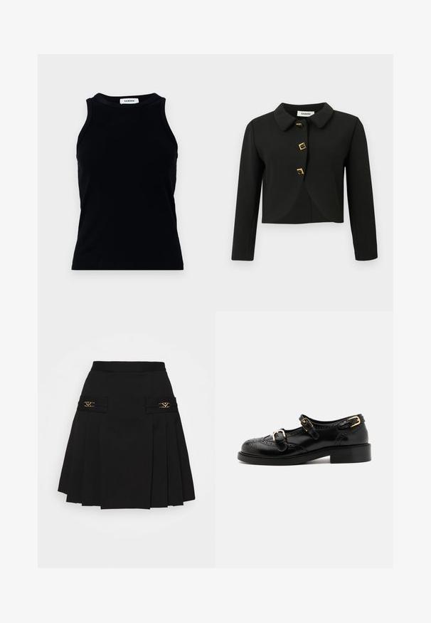 Melnā lietotā jakas ar noapaļotu apkakli, četriem kvadrātveida pogām ar zeltītām akcentiem un gariem piedurknēm, izgatavota no gludas auduma.; Melna ribota bezmaku blūze ar apaļu kakla izgriezumu un platām plecu lencēm. Bez rotājumiem vai rakstiem. Gluda tekstūra.; Melna plisuota svārki ar zelta apdari. Funkcijas sānu kabatas ar logotipa detaļām, izgatavoti no gludas materiāla. A-līnijas siluets.; Melnas ādas kurpes ar brogue detaļām, ar diviem sprādžu siksnām, noapaļotu purngalu un zemu papēdi. Gluda tekstūra ar spīdīgu apdari.