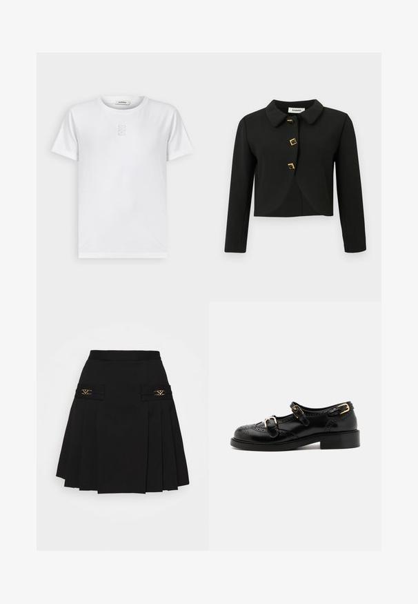 Czarna krótka kurtka z okrągłym kołnierzem, czterema kwadratowymi guzikami z złotymi akcentami oraz długimi rękawami, wykonana z gładkiego materiału.; sandro - T-shirt basic; Czarna plisowana spódnica z złotymi akcentami. Posiada boczne kieszenie z logo, wykonana z gładkiego materiału. Sylwetka w kształcie litery A.; Czarne skórzane buty z detalami brogu, z dwoma klamrami, okrągłym noskiem i niskim obcasem. Gładka tekstura z błyszczącym wykończeniem.