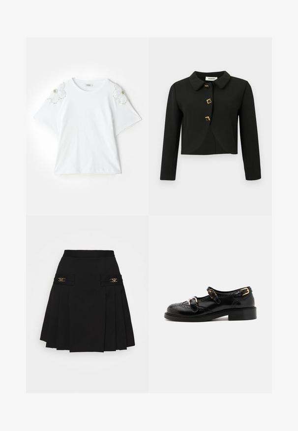 Musta lyhythihainen takki pyöreällä kauluksella, neljällä neliöpainikkeella, joissa on kultaiset yksityiskohdat, ja pitkät hihat, valmistettu sileästä kankaasta.; sandro Printtipaita - blanc; Musta laskostettu hame kullansävyisillä yksityiskohdilla. Sivutaskut logotiedoilla, valmistettu sileästä materiaalista. A-linjainen siluetti.; Musta nahkakengät brogue-yksityiskohdilla, joissa on kaksi solkea, pyöristetty kärki ja matala korko. Sileä pinta kiiltävällä viimeistelyllä.