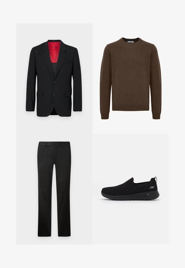 Svart blazer i glatt stoff, med rød fôr, to frontlommer og to knapper. Utstikkende revers gir en strukturert detalj.; Brun strikkegenser med rund hals, lange ermer, ribbestrikkede mansjetter og kant. Laget av mykt, teksturert materiale. Ingen mønstre eller detaljer synlige.; Svarte skreddersydde bukser laget av teksturert stoff, med rett ben-design, frontglidelås og knappelukking.; Sorte slip-on sneakers med et åndbart mesh-overdel, rund tå og polstret gummisål. Har et logo på siden.