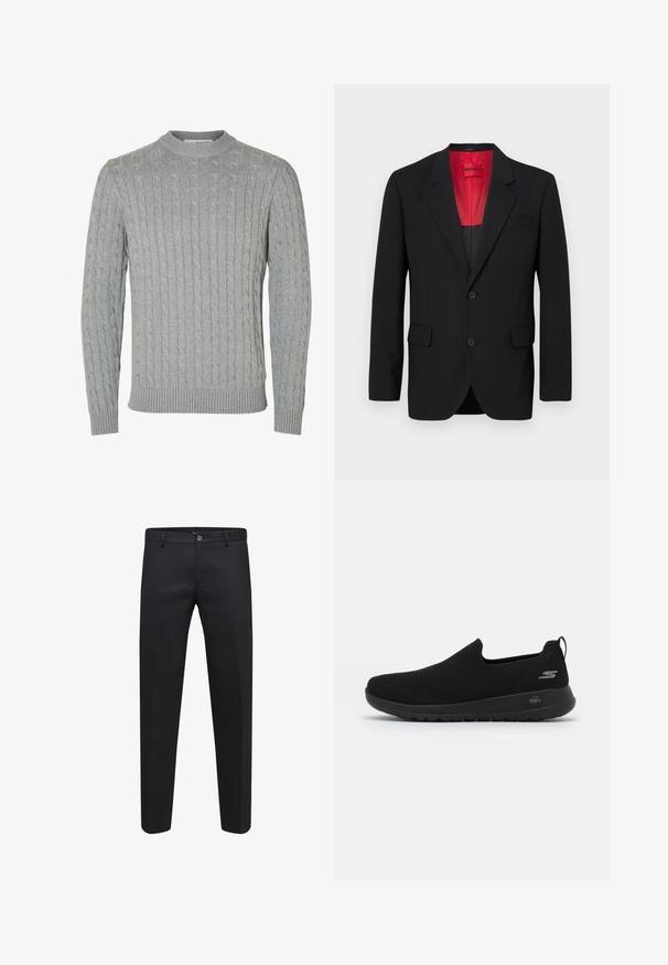 Schwarzer Blazer aus glattem Stoff, mit roter Fütterung, zwei Fronttaschen und zwei Knöpfen. Eingeschnittene Revers verleihen eine strukturierte Detail. ; Grauer Kabelstrickpullover mit rundem Ausschnitt, gerippten Bündchen und Saum. Die Textur weist erhabene Muster im gesamten Stoff auf.; Schwarze maßgeschneiderte Hosen aus einem glatten Stoff mit einem Knopfverschluss, Gürtelschlaufen und Seitentaschen, im geraden Schnitt.; Schwarzer Slip-On Sneaker mit atmungsaktivem Mesh-Obermaterial, runder Zehenpartie und gepolsterter Gummisohle. Mit einem Logo an der Seite.