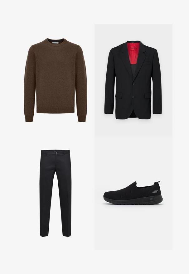 Sacou negru din țesătură netedă, cu o căptușeală roșie, două buzunare frontale și două butoane. Reverele notate adaugă un detaliu structurat.; Pulover tricotat maro cu guler rotund, mâneci lungi, manșete și tiv cu detalii îmbătrânite. Fabricat dintr-un material moale și texturat. Fără modele sau accente vizibile.; Pantaloni negri personalizați dintr-un material neted, cu închidere prin buton, bucle pentru curea și buzunare laterale, având un design cu picior drept.; Adidași negri, tip slip-on, cu un superior din plasă respirabilă, vârf rotund și talpă din cauciuc cu amortizare. Prezintă un logo pe lateral.