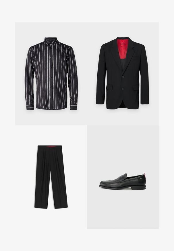 Sort blazer lavet af glat stof, der har en rød foring, to frontlommer og to knapper. Klippede slag tilføjer struktureret detalje.; Bruuns Bazaar VANIGILLY SHIRT - Skjorter - black; Sorte brede bukser med flad front, to sidelommer, plisseret design og en kontrastfarvet rød inderside på linningen.; Sorte læder loafers med en tekstureret frontpanel og glatte sider. Har en slank hæl og en bageste løkke til nem påtagning. Klassisk design.