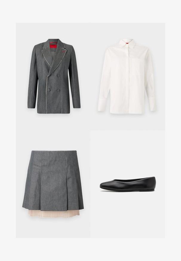 Blazer double boutonnage en denim gris avec des coutures blanches contrastantes, revers crantés et doublure rouge. Présente des boutons ronds et une conception structurée.; Chemise blanche à manches longues en coton, avec un col classique, une poche poitrine unique et des poignets boutonnés. Texture lisse, coupe droite.; Jupe plissée grise avec une finition texturée, présentant une sous-couche plissée semi-transparente de couleur rose clair et une fermeture éclair sur le côté.; Paul Smith TOPANGA - Ballerines - black