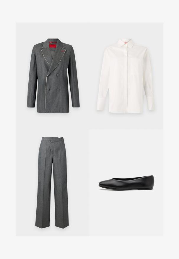 Blazer doppiopetto in denim grigio con cuciture bianche a contrasto, rever a punta e foderato di rosso. Presenta bottoni arrotondati e un design strutturato.; Camicia bianca a maniche lunghe in cotone, con colletto classico, taschino sul petto e polsini abbottonati. Texture liscia, taglio dritto.; Pantaloni a gamba larga in tessuto grigio scuro, con vita alta, pieghe frontali e chiusura con un bottone laterale.; Paul Smith TOPANGA - Ballerine - black