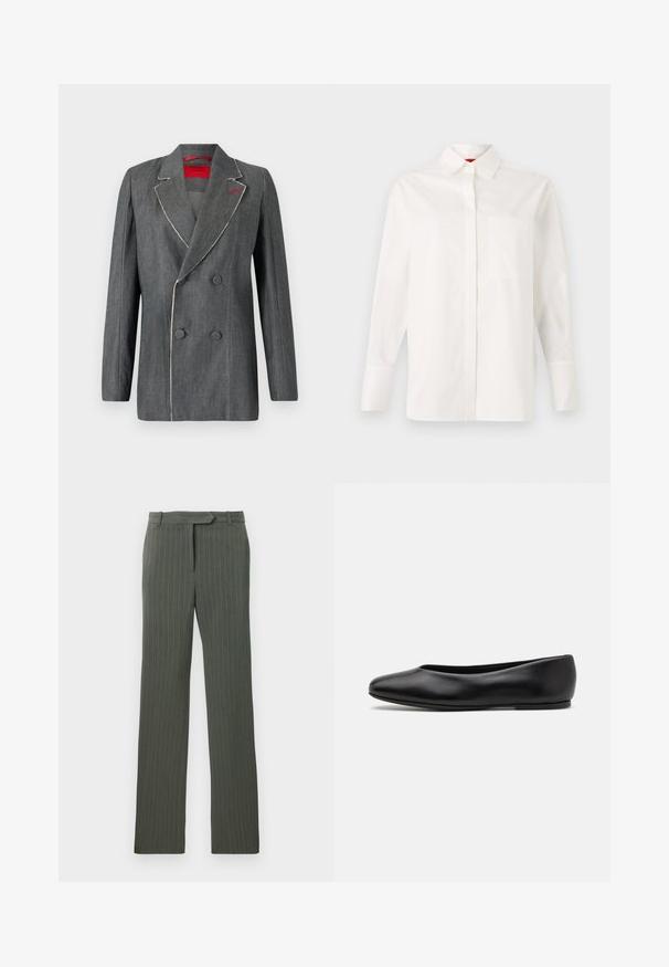 Siva denim dvoredni blazer s kontrastnim belim šivanjem, zarezanim ovratnikom in rdečo podlogo. Ima zaobljene gumbe in strukturirano zasnovo.; Bela srajca z dolgimi rokavi iz bombaža, z značilnim ovratnikom, enim žepom na prsih in gumbi na manšetah. Gladka tekstura, ravna kroj.; Temno sivi kostimski hlače s črtastim vzorcem, z zankami za pas in ravnim krojem, razporejene na belem ozadju.; Paul Smith TOPANGA - Balerinke - black