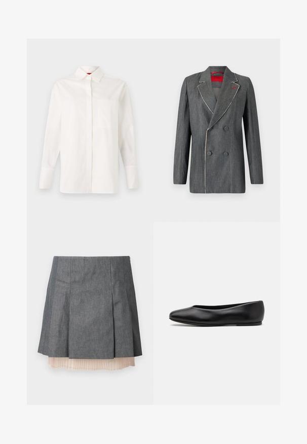 Pelēka denima divrindu žakete ar kontrastējošiem baltiem šuvēm, iegrieztām lapelēm un sarkanu oderi. Iespējotas apaļas pogas un strukturēts dizains.; Balta garām piedurknēm krekls, izgatavots no kokvilnas, ar klasisku apkakli, vienu krūšu kabatu un pogājamām aprocēm. Gluda tekstūra, taisna piegriezuma.; Pelēka plisēta svārka ar teksturētu apdari, kurai ir daļēji caurspīdīga gaiši rozā plisēta apakšslāņa un sānu rāvējslēdzēja aizdare.; Paul Smith TOPANGA - Balerīnas laiviņas - black
