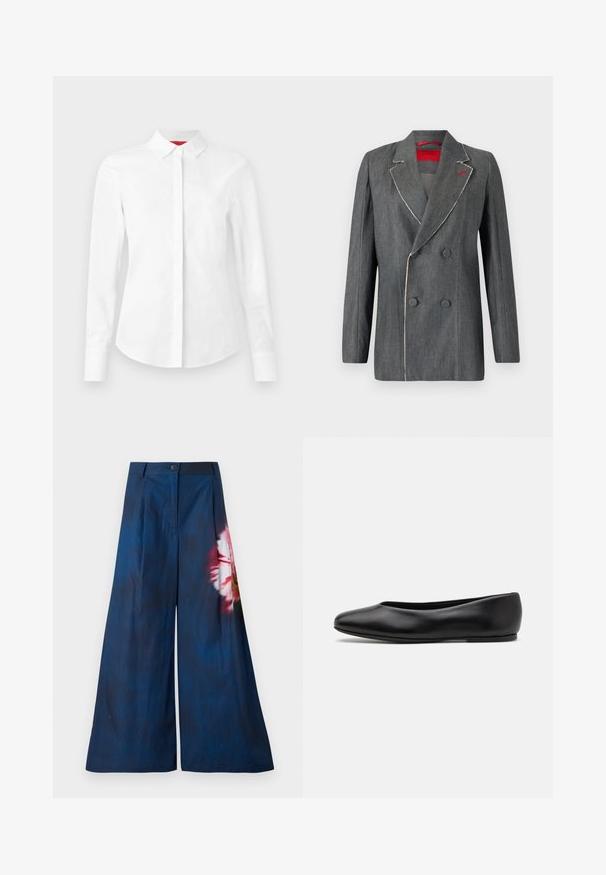 Pilkas džinsinis dvigubos sagtys švarkas su kontrastingomis baltomis siūlėmis, įpjautomis atlapais ir raudona pamušalu. Yra apvalūs mygtukai ir struktūrizuotas dizainas.; Balta ilgomis rankovėmis marškiniai su smailiu apykaklės, paslėptu mygtukų užsegimu ir pritaikytu siluetu ant vientiso fono.; Plati kojinės tamsiai mėlynos spalvos šilko, su rožių raštu raudonomis ir geltonomis spalvomis iš vienos pusės, su mygtukų uždarymu juosmens srityje.; Paul Smith TOPANGA - Balerinos stiliaus laivutės - black