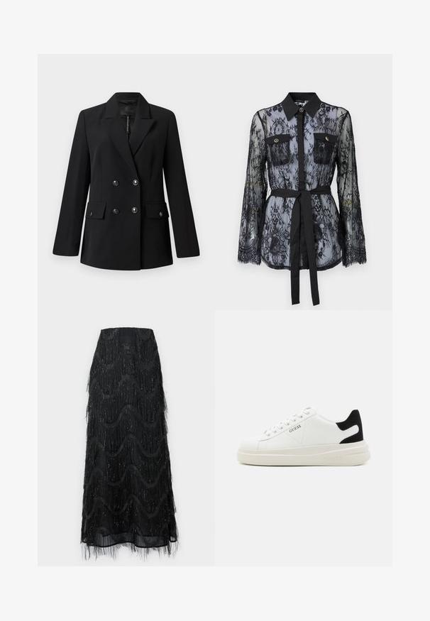 Svart dobbeltspent blazer laget av glatt stoff, med splittkrage, to frontlommer og runde svarte knapper.; Svart blondebluse med lange ermer, knapplukking på brystlommene, klassisk krage og belte i stoff knyttet rundt livet. Gjennomsiktig design.; Svart midi skjørt med lagdelt frynser og bølgemønstre. Laget av gjennomsiktig materiale med glitrende detaljer langs kantene.; Hvite lær sneakers med tykk hvit såle, svart semsket hælforsterkning og preget logo på siden. Snøresystem med seks hull.