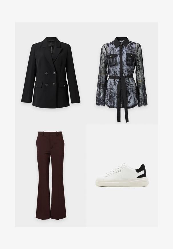 Schwarzer, doppelt geknöpfter Blazer aus glattem Stoff mit Reverskragen, zwei Fronttaschen und runden, schwarzen Knöpfen.; Schwarze Spitzenbluse mit langen Ärmeln, knöpfbaren Brusttaschen, klassischem Kragen und einem Stoffgürtel, der an der Taille gebunden ist. Transparenter Design.; Braune, ausgestellte Hosen aus einem glatten Stoff, mit einer taillierten Taille, Gürtelschlaufen und einer klaren Vorderseite ohne Taschen.; Weiße Leder-Sneaker mit einer dicken weißen Sohle, schwarzem Wildlederakzent an der Ferse und geprägtem Logo an der Seite. Schnürdesign mit sechs Ösen.