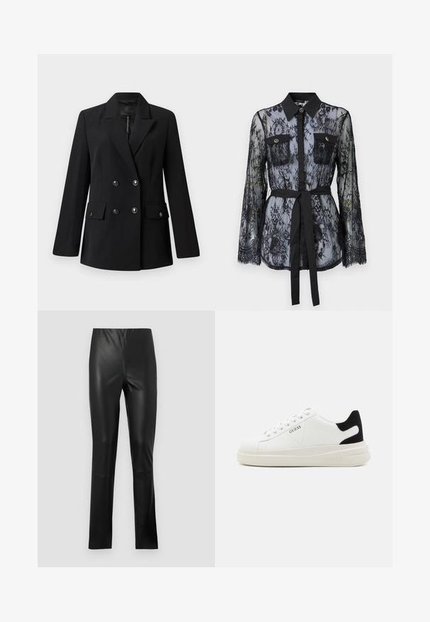 Must mustriga mustriga mustriga mustriga, kus on nurgakolmnurkne krae, kaks esistikku ja ümmargused mustad nööbid.; Must värviline pitspluus, mis on varustatud pikkade varrukatega, nööpidega rinna-taskutega, klassikalise kraega ja kangast vöödiga, mis on seotud vöökohtadele. Aksessuaar on läbipaistev.; Mustad faux nahast püksid, kitsas lõige, sile tekstuur, keskmise kõrgusega vöökoht ja sirged jalad. Pole nähtavat riistvara ega mustreid.; Valged nahast tennisetossud paksu valge tallaga, musta sametist kontsakeeuga ja külje peal riigilogo reljeefne kujundus. Lukkeskeem kuue silmaauguga.