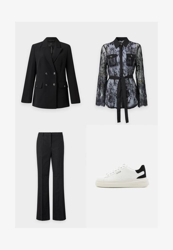 Blazer noir à double boutonnage avec un col à revers cranté, deux poches avant et des détails à boutons. Confectionné en tissu tissé lisse.; Blouse en dentelle noire avec des manches longues, des poches poitrine boutonnées, un col classique et une ceinture en tissu nouée à la taille. Design transparent.; Pantalons noirs évasés en tissu lisse avec de petites embellissements métalliques. Dotés d'un devant plat et d'une taille standard.; Baskets en cuir blanc avec une épaisse semelle blanche, un accent en daim noir au niveau du talon et un logo embossé sur le côté. Design à lacets avec six œillets.