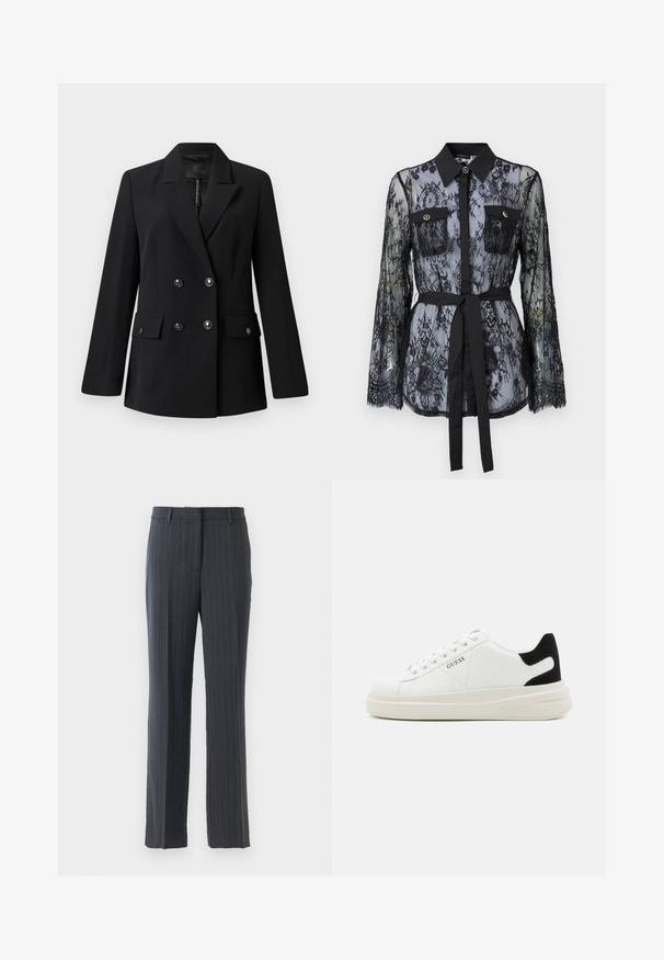Črni dvoredni blejzer iz gladkega blaga, z izrezom, dvema sprednjima žepoma in okroglimi črnimi gumbi.; Črna čipkasta bluza z dolgimi rokavi, z gumbastimi žepi na prsih, klasičnim ovratnikom in pasom iz tkanine, vezanim na pasu. Prosojna zasnova.; Temno sivi ravni hlače s črtami in pasnimi zankami ter sprednjim zadrgo na belem ozadju.; Bele usnjene športne copate z debelim belim podplatom, črnimi semišnimi detajli na peti in utisnjenim logotipom na strani. Zavezovanje s šestimi luknjicami.