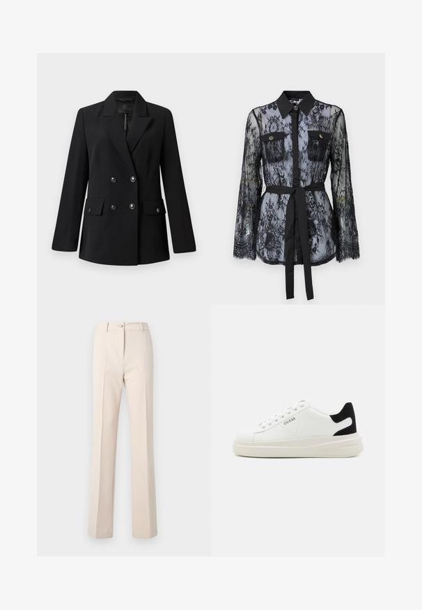 Musta kaksirivinen bleiseri, joka on valmistettu sileästä kankaasta. Tekstiilissä on merkitsevät kaulukset, kaksi etutaskua ja pyöreät mustat napit.; Mustapitsi pusero, jossa on pitkät hihat, napilliset rintataskut, klassinen kaulus ja kangasvyö sidottuna vyötärölle. Läpinäkyvä muotoilu.; Beige-housut, joissa on suora lahje, nappikiinnitys, edessä laskokset ja sileä rakenne.; Valkoiset nahkakengät paksulla valkoisella pohjalla, mustalla mokkanahkaosuudella kannassa ja kohokuvioitu logo sivulla. Nauhakeskitys kuudella reiällä.