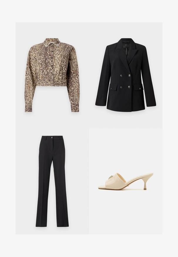 Blazer noir croisé en tissu lisse, avec un col à revers, deux poches avant et des boutons ronds noirs.; Chemise courte beige avec imprimé animal brun, manches longues, devant boutonné et détails de col embellis. Texture de tissu douce.; Pantalons noirs ajustés avec une coupe droite. Comprend une fermeture à bouton, des passants de ceinture et une texture lisse et mate.; Mule en cuir verni beige à bout ouvert avec un talon stiletto bas. Présente un accent décoratif central sur le dessus. Fini lisse et brillant.