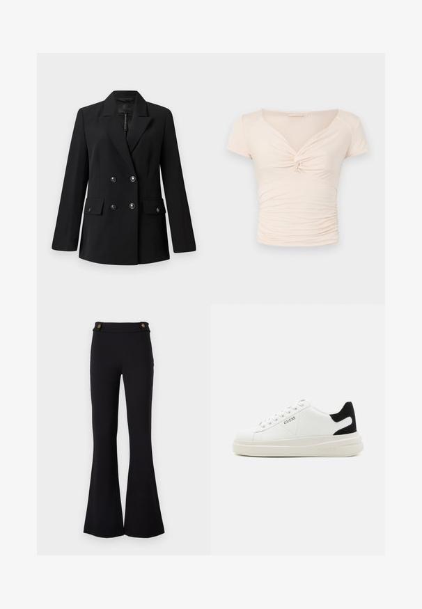 Blazer noir croisé en tissu lisse, avec un col à revers, deux poches avant et des boutons ronds noirs.; Haut beige clair à manches courtes avec un col en V et un détail torsadé à l'avant, présentant une texture froncée sur les côtés pour un design ajusté.; Pantalons évasés noirs en matériau extensible. Présentent deux boutons dorés à la taille. Texture lisse et ajustés au niveau des hanches.; Baskets en cuir blanc avec une épaisse semelle blanche, un accent en daim noir au niveau du talon et un logo embossé sur le côté. Design à lacets avec six œillets.