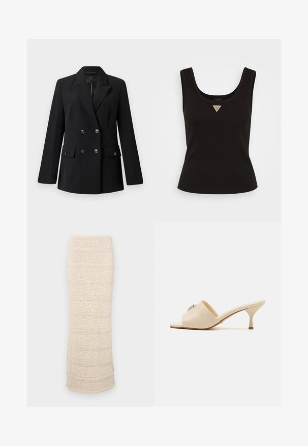 Schwarzer, doppelt geknöpfter Blazer aus glattem Stoff mit Reverskragen, zwei Fronttaschen und runden, schwarzen Knöpfen.; Schwarzes Rippentop mit Rundhalsausschnitt und einem kleinen dreieckigen Logo in silberfarbenen Akzenten auf der Vorderseite. Enganliegendes Design ohne Ärmel.; Strick-Midikleid in hellem Beige mit horizontalen Strukturstreifen. Figurbetonte Silhouette, weicher Stoff und ein leicht offener Saum am unteren Ende.; Beige Lackleder Sandale mit offener Spitze und niedrigem Stiletto-Absatz. Verfügt über ein zentrales dekoratives Element im Obermaterial. Glatte, glänzende Oberfläche.