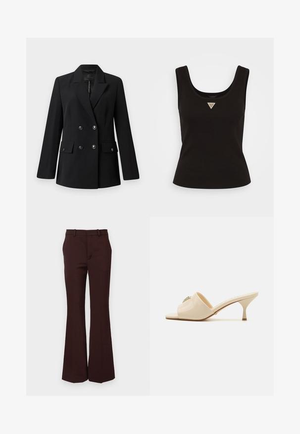 Black double-breasted blazer made of smooth fabric, featuring a notched collar, two front pockets, and round black buttons.; Black ribbed tank top with a scoop neck and a small triangle logo in silver accents at the center front. Fitted design with no sleeves.; Brown flared trousers made from a smooth fabric, featuring a tailored waistline, belt loops, and a clean front with no pockets.; Beige patent leather open-toe mule sandal with a low stiletto heel. Features a central decorative accent on the upper. Smooth, glossy finish.