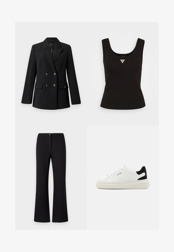Črni dvoredni blejzer iz gladkega blaga, z izrezom, dvema sprednjima žepoma in okroglimi črnimi gumbi.; Črn rebrast top brez rokavov z okroglim izrezom in majhnim trikotnim logotipom v srebrnih odtenkih na sprednji sredini. Prilegajoča zasnova.; Črne razširjene hlače iz gladke tkanine, ki imajo sprednji gumbasti zapenjalni sistem, zanke za pas in čisto, oblikovano zasnovo.; Bele usnjene športne copate z debelim belim podplatom, črnimi semišnimi detajli na peti in utisnjenim logotipom na strani. Zavezovanje s šestimi luknjicami.