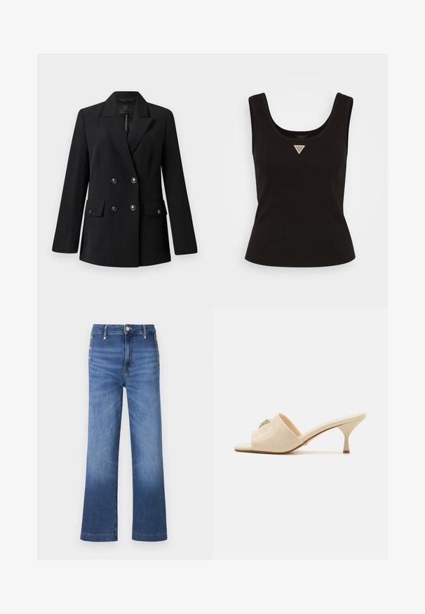 Zwarte dubbel-breasted blazer van zachte stof, met een geknipt kraag, twee voorzakken en ronde zwarte knopen.; Zwarte geribde tanktop met een ronde hals en een klein driehoekig logo in zilveren accenten aan de voorkant in het midden. Aansluitend ontwerp zonder mouwen.; Wijdvallende blauwe denim jeans, met een knoopsluiting en vijf knopen aan de linkerkant, met een geleidelijke vervaging op de benen.; Beige patent leather open-toe mule sandaal met een lage stilettohak. Kenmerken een centrale decoratieve accent op de bovenkant. Glad, glanzend afwerking.