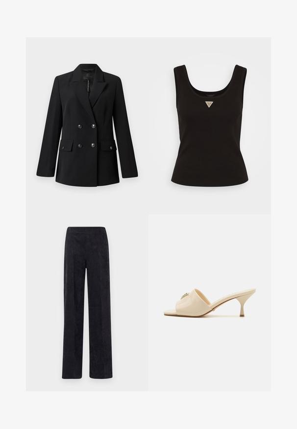 Black double-breasted blazer made of smooth fabric, featuring a notched collar, two front pockets, and round black buttons.; Black ribbed tank top with a scoop neck and a small triangle logo in silver accents at the center front. Fitted design with no sleeves.; Corduroy pants in dark gray with a straight leg design, featuring a textured ribbed surface and an elastic waistband for comfort.; Beige patent leather open-toe mule sandal with a low stiletto heel. Features a central decorative accent on the upper. Smooth, glossy finish.