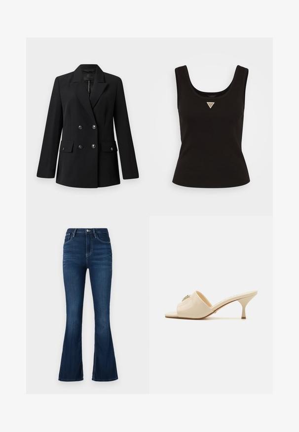 Czarna, dwurzędowa marynarka wykonana z gładkiego materiału, z klapami, dwoma przednimi kieszeniami oraz okrągłymi, czarnymi guzikami.; Czarny prążkowany top bez rękawów z okrągłym dekoltem i małym trójkątnym logo w srebrnych akcentach z przodu na środku. Dopasowany krój.; Jeans z wysokim stanem i rozszerzanymi nogawkami w ciemnym dżinsie. Posiadają zapięcie na guzik i zamek z przodu, szlufki na pasek oraz minimalnie zniszczoną teksturę.; Beżowe, lakierowane sandały mule z odkrytymi palcami i niskim, stiletto obcasem. Posiadają centralny dekoracyjny akcent na cholewce. Gładkie, błyszczące wykończenie.