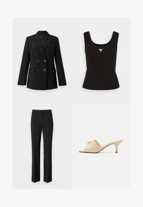 Czarna, dwurzędowa marynarka wykonana z gładkiego materiału, z klapami, dwoma przednimi kieszeniami oraz okrągłymi, czarnymi guzikami.; Czarny prążkowany top bez rękawów z okrągłym dekoltem i małym trójkątnym logo w srebrnych akcentach z przodu na środku. Dopasowany krój.; Czarne spodnie o dopasowanym kroju, z płaskim przodem, zapinanymi na zamek kieszeniami i prostą nogawką. Wykonane z gładkiego materiału.; Beżowe, lakierowane sandały mule z odkrytymi palcami i niskim, stiletto obcasem. Posiadają centralny dekoracyjny akcent na cholewce. Gładkie, błyszczące wykończenie.