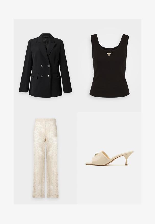 Fekete, dupla soros blézer sima anyagból, kihajtható gallérral, két elülső zsebbel és kerek fekete gombokkal.; Fekete bordás trikó, kerek nyakkivágással és egy kis ezüst színű háromszöglogóval az elején. Fits, ujjatlan kivitel.; Krém színű, csipkés, bő szárú nadrág, részletes virágmintákkal és texturált felülettel. Rugalmas derékpánt a kényelem érdekében.; Beige lakkbőr nyitott orrú muleszandál, alacsony stiletto sarokkal. Középen dekoratív díszítéssel ellátva. Simára polírozott, fényes felület.