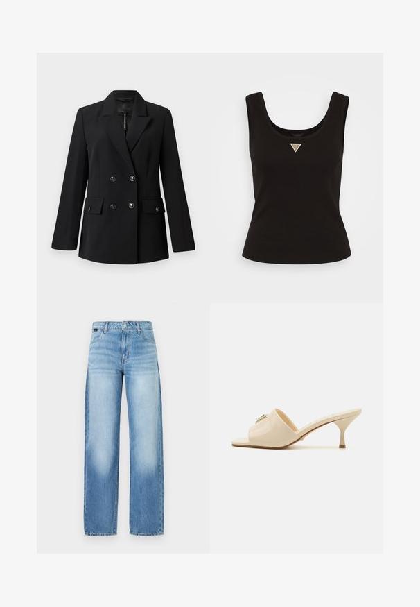 Czarna, dwurzędowa marynarka wykonana z gładkiego materiału, z klapami, dwoma przednimi kieszeniami oraz okrągłymi, czarnymi guzikami.; Czarny prążkowany top bez rękawów z okrągłym dekoltem i małym trójkątnym logo w srebrnych akcentach z przodu na środku. Dopasowany krój.; Jasnoniebieskie dżinsy o szerokich nogawkach, wykonane z denimu, z wysokim stanem, pięcioma kieszeniami i lekkim przetarciem dla casualowego wyglądu.; Beżowe, lakierowane sandały mule z odkrytymi palcami i niskim, stiletto obcasem. Posiadają centralny dekoracyjny akcent na cholewce. Gładkie, błyszczące wykończenie.