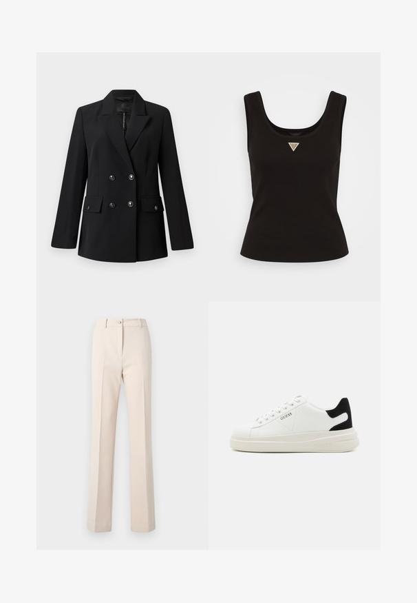 Sort dobbeltbrystet blazer lavet af glat stof, med en spids krave, to frontlommer og runde sorte knapper.; Sort ribbet tanktop med en scoop-neck og et lille trekantet logo i sølv accenter på midten foran. Tætsiddende design uden ærmer.; Beige skræddersyede bukser med lige ben, der har knaplukning, forskydninger foran og en glat tekstur.; Hvide lædersneakers med en tyk hvid sål, sort ruskindhælvægt og prægede logoer på siden. Snørebåndsdesign med seks øjer.