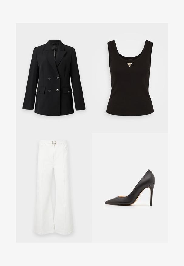 Zwarte dubbel-breasted blazer van zachte stof, met een geknipt kraag, twee voorzakken en ronde zwarte knopen.; Zwarte geribde tanktop met een ronde hals en een klein driehoekig logo in zilveren accenten aan de voorkant in het midden. Aansluitend ontwerp zonder mouwen.; Witte wijde jeans met een hoge taille, voorzien van een riem, twee telefoonzakken aan de voorkant en opvallende naaddetails op de benen. Gemaakt van denim.; Zwarte leren hoge hakken met een spitse neus en een gladde textuur, met een slanke hak en een minimalistisch ontwerp.