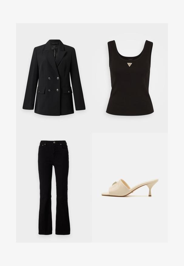 Czarna, dwurzędowa marynarka wykonana z gładkiego materiału, z klapami, dwoma przednimi kieszeniami oraz okrągłymi, czarnymi guzikami.; Czarny prążkowany top bez rękawów z okrągłym dekoltem i małym trójkątnym logo w srebrnych akcentach z przodu na środku. Dopasowany krój.; Czarne zwężane dżinsy wykonane z mocnej bawełny. Posiadają wysoki stan, przednie kieszenie i srebrne detale przy guziku oraz kieszeniach.; Beżowe, lakierowane sandały mule z odkrytymi palcami i niskim, stiletto obcasem. Posiadają centralny dekoracyjny akcent na cholewce. Gładkie, błyszczące wykończenie.