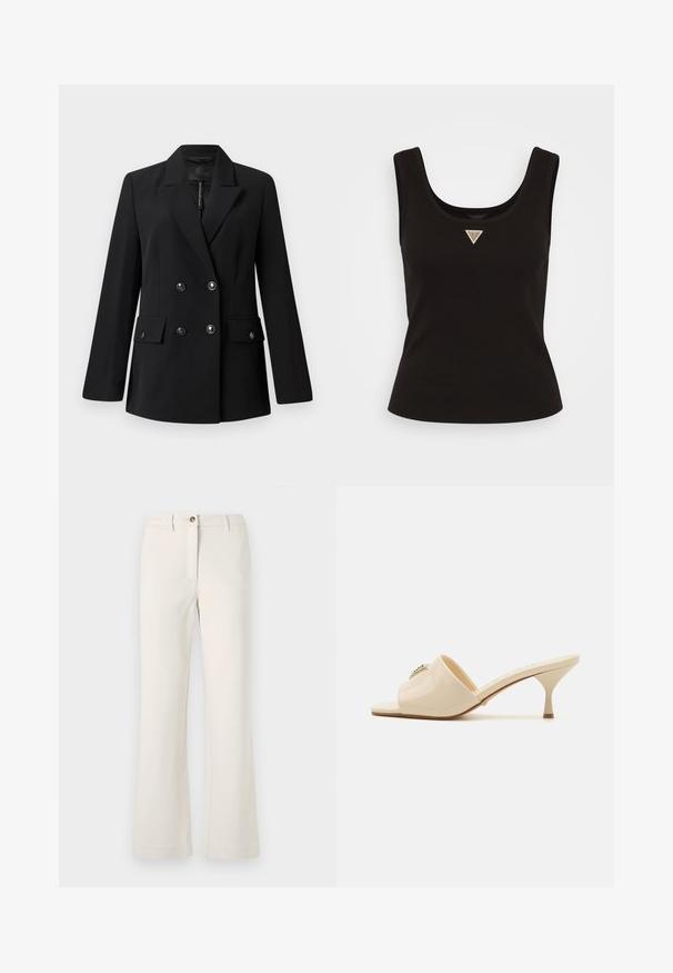 Schwarzer, doppelt geknöpfter Blazer aus glattem Stoff mit Reverskragen, zwei Fronttaschen und runden, schwarzen Knöpfen.; Schwarzes Rippentop mit Rundhalsausschnitt und einem kleinen dreieckigen Logo in silberfarbenen Akzenten auf der Vorderseite. Enganliegendes Design ohne Ärmel.; Beige Hosen mit einem ausgestellten Bein Design, aus einem glatten Stoff gefertigt. Sie besitzen einen einzelnen vorderen Knopf und einen Reißverschluss mit Gürtelschlaufen.; Beige Lackleder Sandale mit offener Spitze und niedrigem Stiletto-Absatz. Verfügt über ein zentrales dekoratives Element im Obermaterial. Glatte, glänzende Oberfläche.