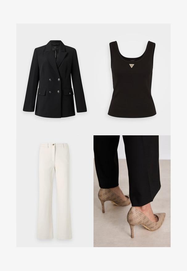 Schwarzer, doppelt geknöpfter Blazer aus glattem Stoff mit Reverskragen, zwei Fronttaschen und runden, schwarzen Knöpfen.; Schwarzes Rippentop mit Rundhalsausschnitt und einem kleinen dreieckigen Logo in silberfarbenen Akzenten auf der Vorderseite. Enganliegendes Design ohne Ärmel.; Beige Hosen mit einem ausgestellten Bein Design, aus einem glatten Stoff gefertigt. Sie besitzen einen einzelnen vorderen Knopf und einen Reißverschluss mit Gürtelschlaufen.; Beige High Heels aus strukturiertem Stoff mit einem sich wiederholenden Muster. Spitz zulaufendes Design mit einer Rückenausschnitt und goldenen Absatz.