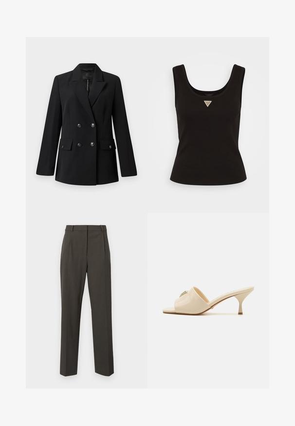 Crni dvoredni sako od glatkog materijala, s oštrim ovratnikom, dva prednja džepa i okruglim crnim dugmadima.; Crni rebrasti atletski top s izrezom u obliku srca i malim trokutastim logom u srebrnim akcentima na prednjoj strani. Uklapajući dizajn bez rukava.; Tamno sivi hlače izrađene od glatkog materijala, s krojem prilagođenim figuri, ravnog kroja i minimalističkim prednjim nabranim detaljima.; Bež sandale od lakirane kože sa otvorenim prstima i niskom štiklom. Imaju središnju dekorativnu akcentu na gornjem dijelu. Glatka, sjajna površina.