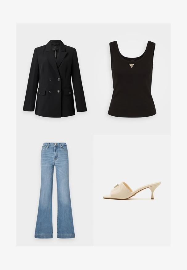 Black double-breasted blazer made of smooth fabric, featuring a notched collar, two front pockets, and round black buttons.; Black ribbed tank top with a scoop neck and a small triangle logo in silver accents at the center front. Fitted design with no sleeves.; Light blue flared jeans made of denim, featuring a high waist, front pockets, and a hem with slight fading for texture.; Beige patent leather open-toe mule sandal with a low stiletto heel. Features a central decorative accent on the upper. Smooth, glossy finish.
