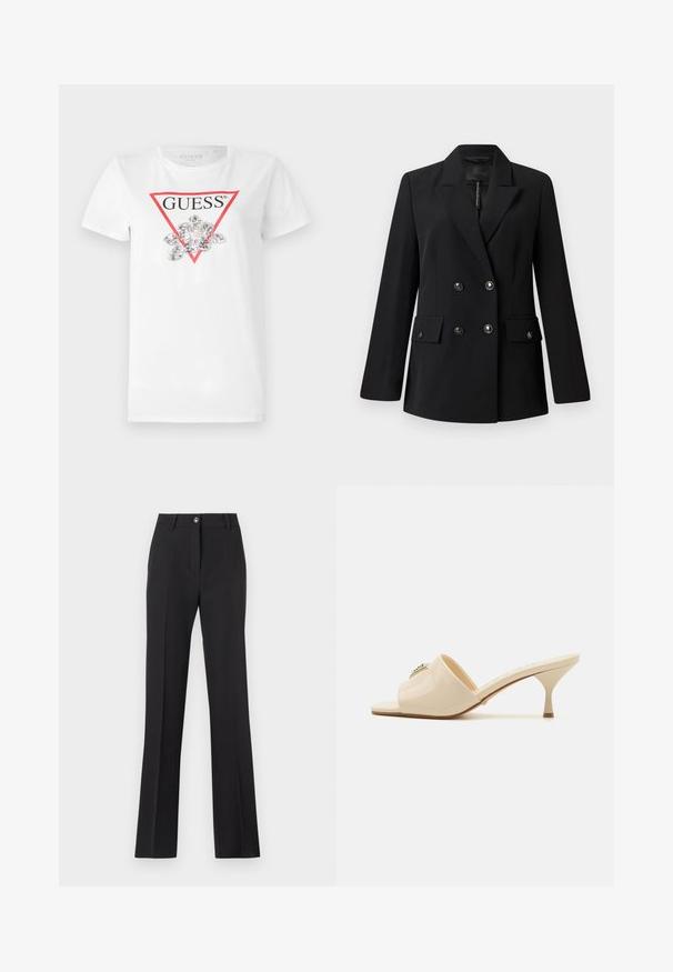 Čierny dvojradový blejzer vyrobený z hladkého materiálu, s ozdobným golierom, dvoma prednými vreckami a okrúhlymi čiernymi gombíkmi.; Biely tričko s červeným trojuholníkovým logom so značkou "GUESS", zdobené striebornými flitrami v tvare kvetov v strede.; Čierne, upravené nohavice so strihom rovného vlasu. Obsahuje zapínanie na gombík, pútka na opasok a hladkú, matnú textúru.; Béžové patentné kožené sandále s otvorenou špičkou a nízkym stiletto podpätkom. Obsahujú centrálny dekoračný prvok na vrchu. Hladký, lesklý povrch.