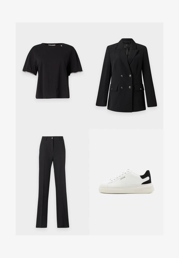 Schwarzer, doppelt geknöpfter Blazer aus glattem Stoff mit Reverskragen, zwei Fronttaschen und runden, schwarzen Knöpfen.; Schwarzes Kurzarm-T-Shirt mit entspannter Passform, versehen mit dekorativem silbernen Besatz an den Ärmeln und einem runden Halsausschnitt. Hergestellt aus weichem Baumwollmaterial.; Schwarze, maßgeschneiderte Hosen mit geradem Bein. Verfügt über einen Knopfverschluss, Gürtelschlaufen und eine glatte, matte Textur.; Weiße Leder-Sneaker mit einer dicken weißen Sohle, schwarzem Wildlederakzent an der Ferse und geprägtem Logo an der Seite. Schnürdesign mit sechs Ösen.