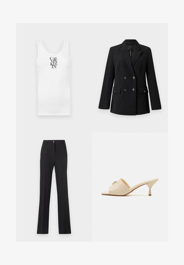Črni dvoredni blejzer iz gladkega blaga, z izrezom, dvema sprednjima žepoma in okroglimi črnimi gumbi.; Bela majica brez rokavov z okroglim izrezom, izdelana iz bombaža. Na sprednji strani je navpično natisnjen črn tekst "CALVINKLEIN" v poudarjenem serifnem pisavu.; Črne, krojene hlače s ravnim krojem. Imajo zaponko na gumb, zanke za pas in gladko, mat teksturo.; Bež sandal z odprtim prstom iz lakirane usnjene površine z nizko stiletto peto. Ima osrednji dekorativni akcent na zgornjem delu. Gladka, sijajna površina.
