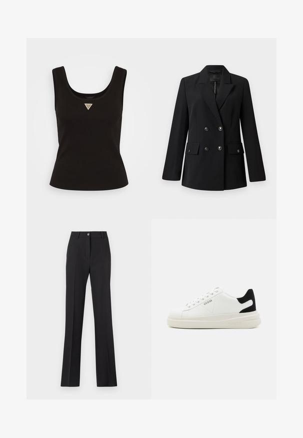 Svart dobbeltspent blazer laget av glatt stoff, med splittkrage, to frontlommer og runde svarte knapper.; Svart ribbestrikket tanktopp med scoop hals og en liten trekantlogo i sølvdetaljer midt på fronten. Fitted design uten ermer.; Svarte, skreddersydde bukser med rett ben-design. Har knappelukking, beltesløyfer og en glatt, matt tekstur.; Hvite lær sneakers med tykk hvit såle, svart semsket hælforsterkning og preget logo på siden. Snøresystem med seks hull.