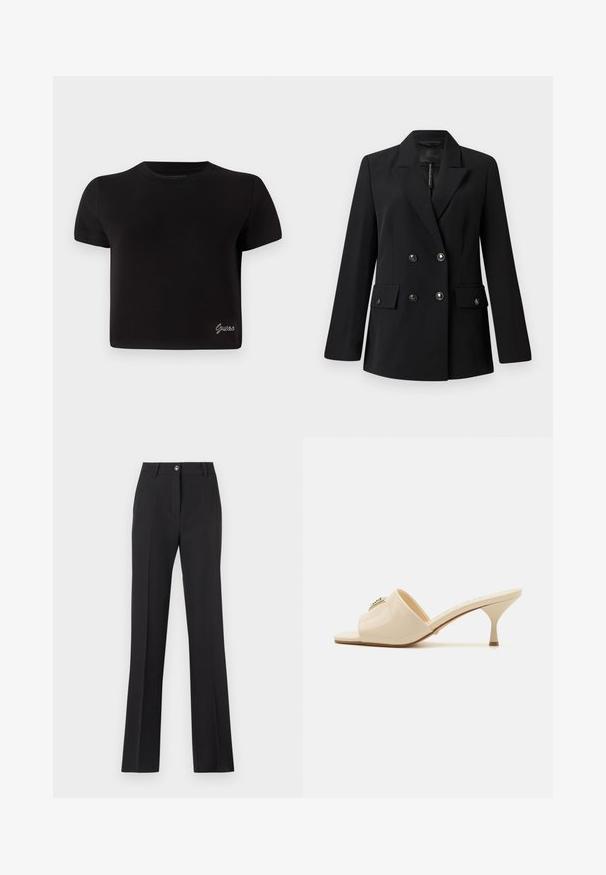 Črni dvoredni blejzer iz gladkega blaga, z izrezom, dvema sprednjima žepoma in okroglimi črnimi gumbi.; Črna kratkotrajna majica iz bombaža. Ima okroglo ovratnico in majhen srebrni logotip "Guess" na spodnjem levem delu.; Črne, krojene hlače s ravnim krojem. Imajo zaponko na gumb, zanke za pas in gladko, mat teksturo.; Bež sandal z odprtim prstom iz lakirane usnjene površine z nizko stiletto peto. Ima osrednji dekorativni akcent na zgornjem delu. Gladka, sijajna površina.