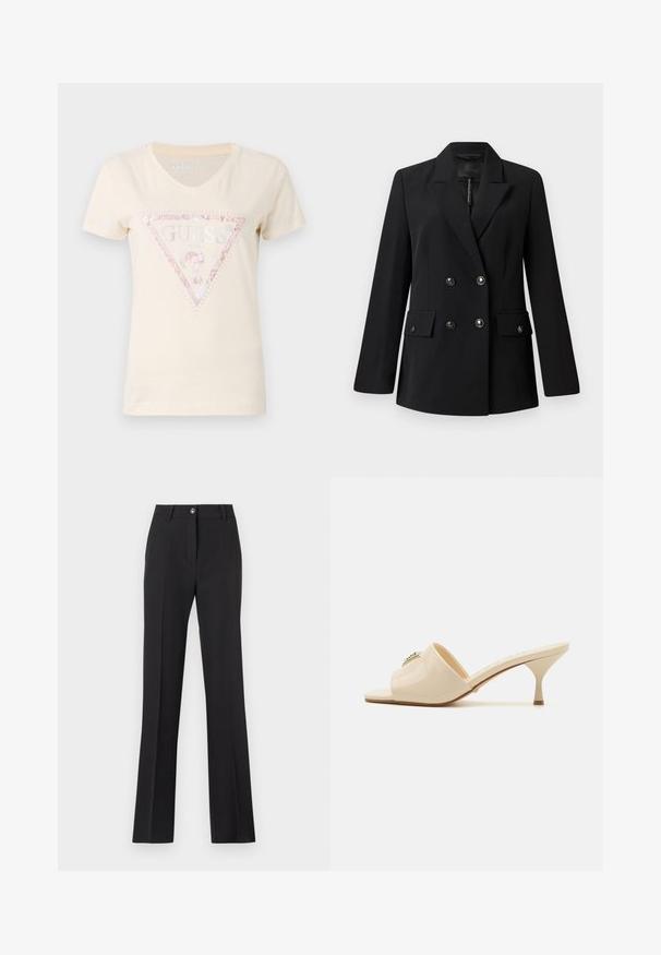 Blazer noir croisé en tissu lisse, avec un col à revers, deux poches avant et des boutons ronds noirs.; T-shirt en coton beige à manches courtes avec un col en V et un logo en triangle pailleté rose portant le texte "GUESS" et des accents embellis.; Pantalons noirs ajustés avec une coupe droite. Comprend une fermeture à bouton, des passants de ceinture et une texture lisse et mate.; Mule en cuir verni beige à bout ouvert avec un talon stiletto bas. Présente un accent décoratif central sur le dessus. Fini lisse et brillant.