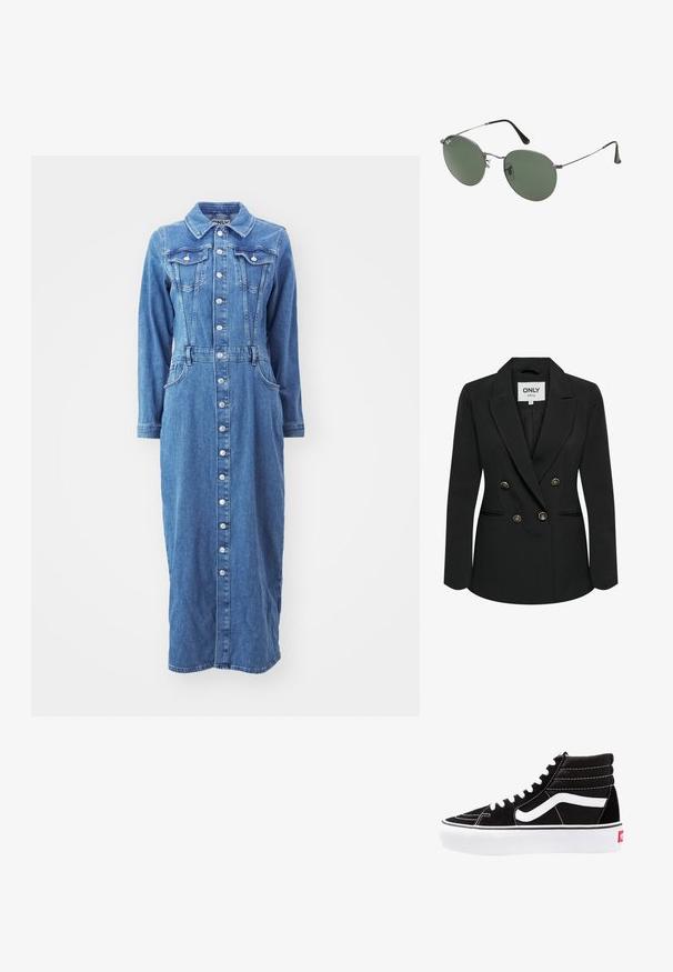 Dobbeltradet svart blazer laget av glatt stoff, med gullknappdetaljer, notched krage og skreddersydd passform med sidelommer.; Denimkjole med knappelukking foran, lange ermer, brystlommer og innsnørt midje, i mellomblå vask med rett silhuett.; Svarte høyhælte joggesko med hvite snøringer, en hvit logo og kontrasterende hvit søm. Har en tykk hvit såle og teksturert semsket skinn på overflaten.; Metallinnrammede solbriller med ovale grønne linser. Tynn sølvfarget metallramme og svarte øreplugger. Minimalistisk design, ingen synlige logoer.