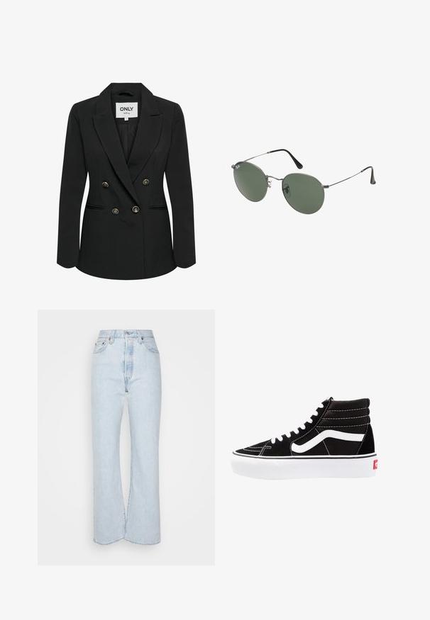 Kaksirivinen musta bleiseri, joka on valmistettu sileästä kankaasta. Siinä on kultaiset napituskoristeet, viilto-etuosa ja istuva malli sivutaskuilla.; Musta ribattava lyhythihainen toppi pyöreällä pääntiellä ja hihattomalla muotoilulla. Valmistettu pehmeästä, joustavasta kankaasta, jossa on siistit reunapainatukset.; Vaaleansiniset korkeavyötäröiset farkut, joissa on levenevät lahkeet, valmistettu haalistuneesta denimmateriaalista. Sisältää viisi taskua ja metalliset yksityiskohdat.; Mustat korkeat tennarit valkoisilla nauhoilla, valkoisella logolla ja kontrastoivalla valkoisella ompelulla. Ominaisuuksiin kuuluu paksu valkoinen pohja ja teksturoitu mokkanahkainen päällinen.; Aurinkolasit metallikehyksillä, joissa on soikeat vihreät linssit. Ohut hopeinen metallikehys ja mustat korvapehmusteet. Minimalistinen muotoilu, ei näkyviä logoja.