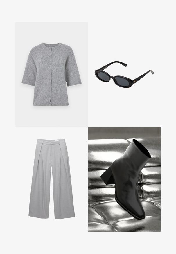 Grijze dubbelgeknoopte blazer met gekartelde revers, twee voorkezen en een gestructureerde stof. Voorzien van zwarte knopen en een gladde binnenvoering.; Grijze gebreide cardigan met korte mouwen, ronde hals en knopenfront. Heeft een gestructureerde stof en een ontspannen pasvorm.; Witte lange mouwtop met een ronde halslijn. Heeft een aansluitend ontwerp, een gladde stoftextuur en een iets cropped zoomlijn.; Lichtgrijze wijde broek, gemaakt van een gestructureerde stof, met voorplooien, riemlussen en een op maat gemaakte taille. Geen zichtbare sluitingen.; Zwarte enkellaarsjes van glanzend materiaal met een vierkante neus en taps toelopende hak, afgezet tegen een glanzende zilveren gecapitonneerde achtergrond.; Zwarte oversized zonnebril met ovale lenzen, een glad plastic montuur en gouden accenten op de pootjes. Donkere lenzen bieden bescherming tegen de zon.